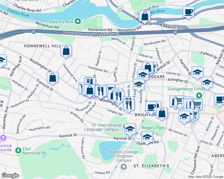 map of restaurants, bars, coffee shops, grocery stores, and more near 14 Brackett Street in Boston