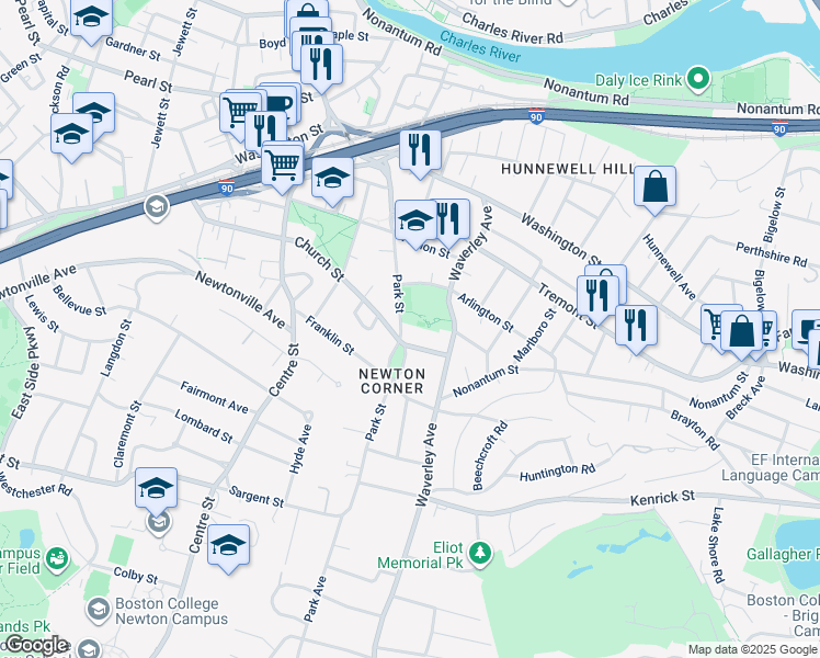 map of restaurants, bars, coffee shops, grocery stores, and more near 21 Church Street in Newton