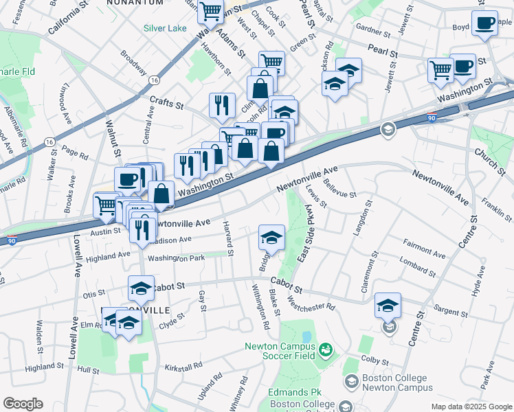 map of restaurants, bars, coffee shops, grocery stores, and more near 19 Carter Street in Newton