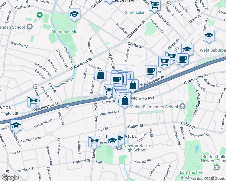 map of restaurants, bars, coffee shops, grocery stores, and more near 847 Washington Street in Newton