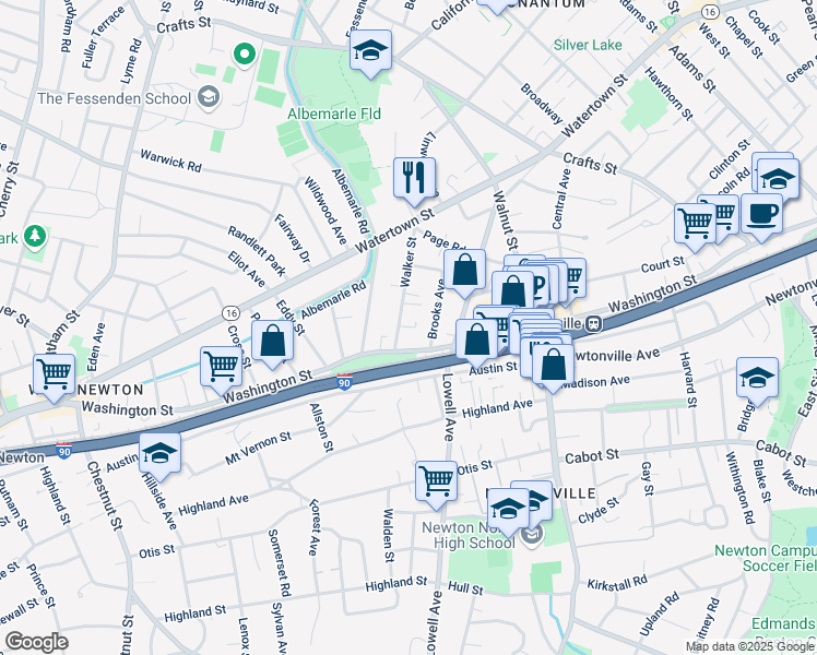 map of restaurants, bars, coffee shops, grocery stores, and more near 973 Washington Street in Newton