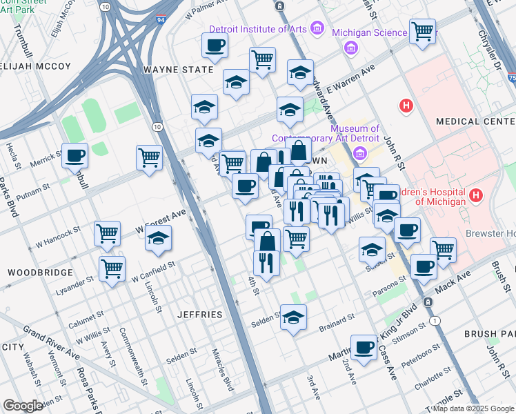 map of restaurants, bars, coffee shops, grocery stores, and more near 702 West Canfield Street in Detroit