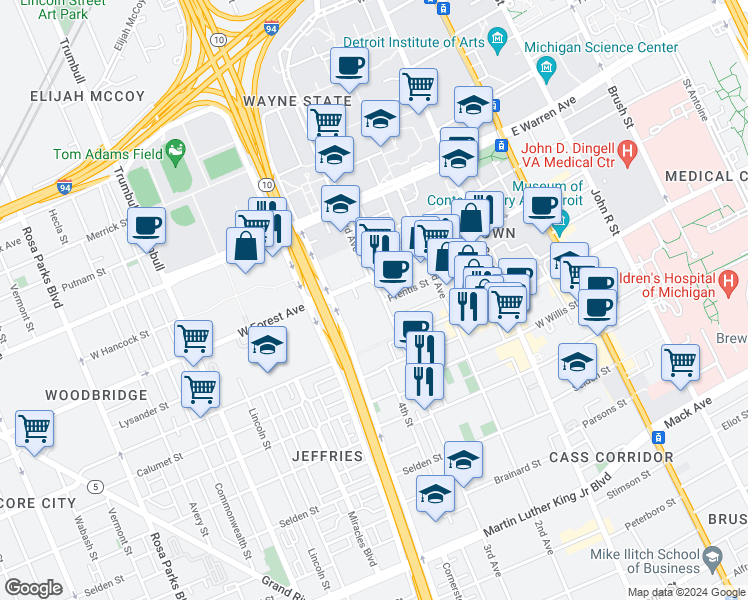 map of restaurants, bars, coffee shops, grocery stores, and more near 4415 3rd Avenue in Detroit