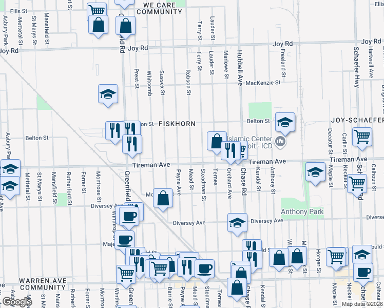 map of restaurants, bars, coffee shops, grocery stores, and more near 15011 Tireman Avenue in Detroit