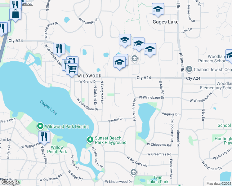 map of restaurants, bars, coffee shops, grocery stores, and more near 33580 North Royal Oak Lane in Grayslake