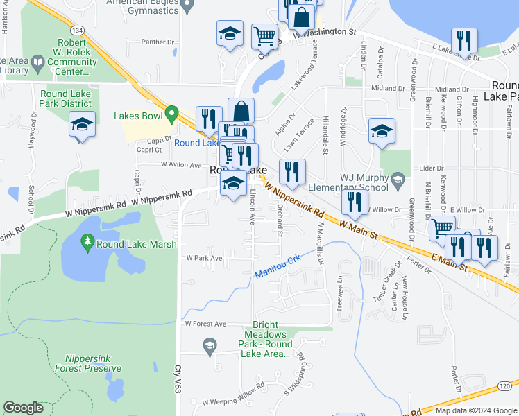 map of restaurants, bars, coffee shops, grocery stores, and more near 117 Lincoln Avenue in Round Lake