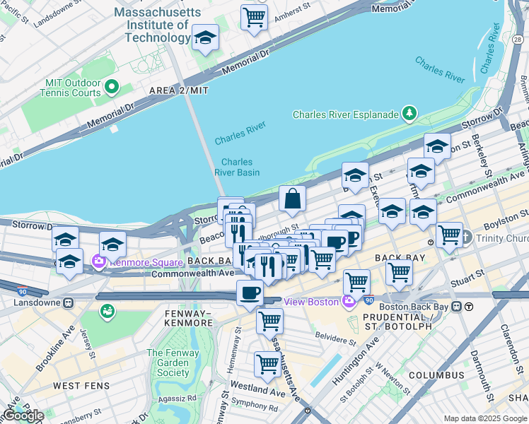 map of restaurants, bars, coffee shops, grocery stores, and more near 457 Beacon Street in Boston