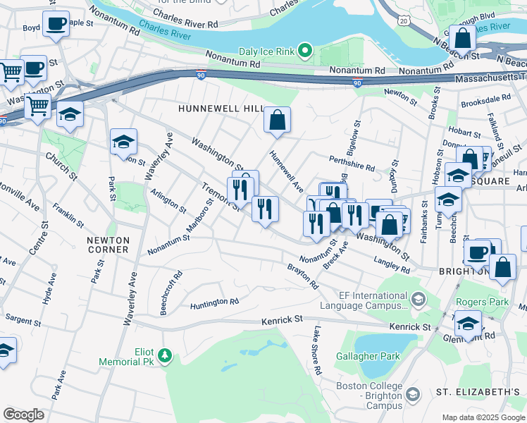 map of restaurants, bars, coffee shops, grocery stores, and more near 109 Tremont Street in Brighton