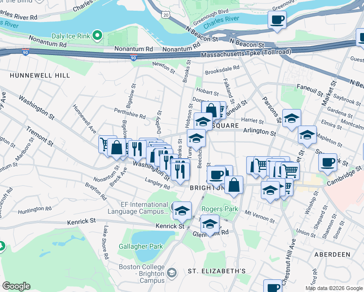 map of restaurants, bars, coffee shops, grocery stores, and more near 52 Fairbanks Street in Boston