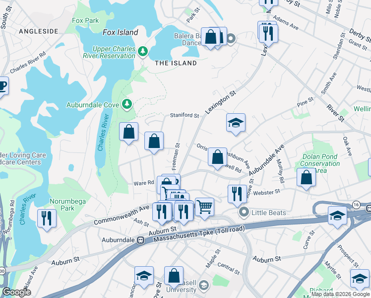 map of restaurants, bars, coffee shops, grocery stores, and more near 307 Lexington Street in Newton