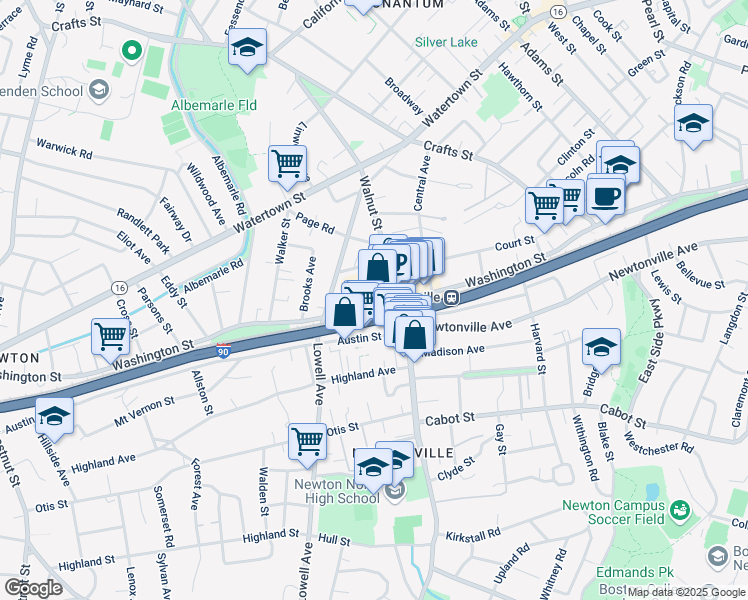 map of restaurants, bars, coffee shops, grocery stores, and more near 845 Washington Street in Newton