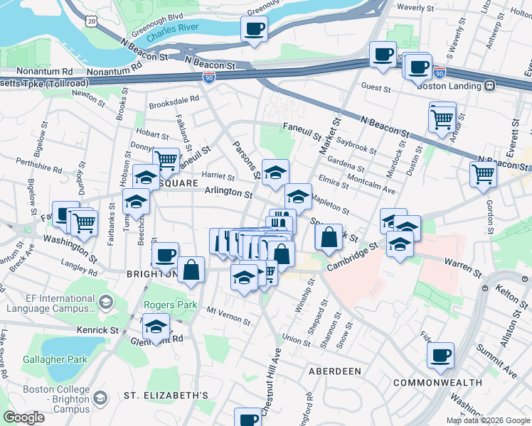 map of restaurants, bars, coffee shops, grocery stores, and more near 55 Leicester Street in Boston