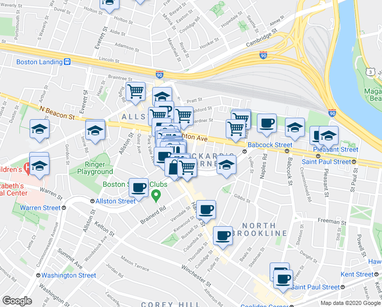 map of restaurants, bars, coffee shops, grocery stores, and more near 17 Reedsdale Street in Boston