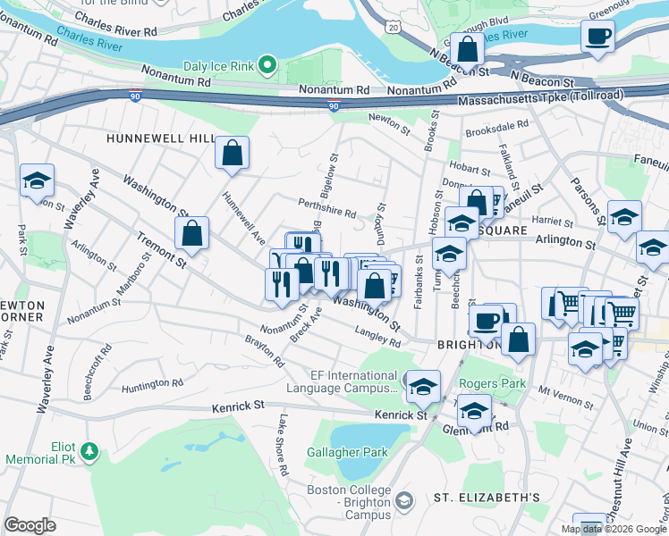 map of restaurants, bars, coffee shops, grocery stores, and more near 600 Washington Street in Boston