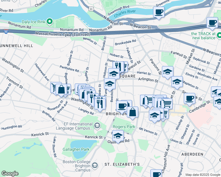 map of restaurants, bars, coffee shops, grocery stores, and more near 50 Beechcroft Street in Boston