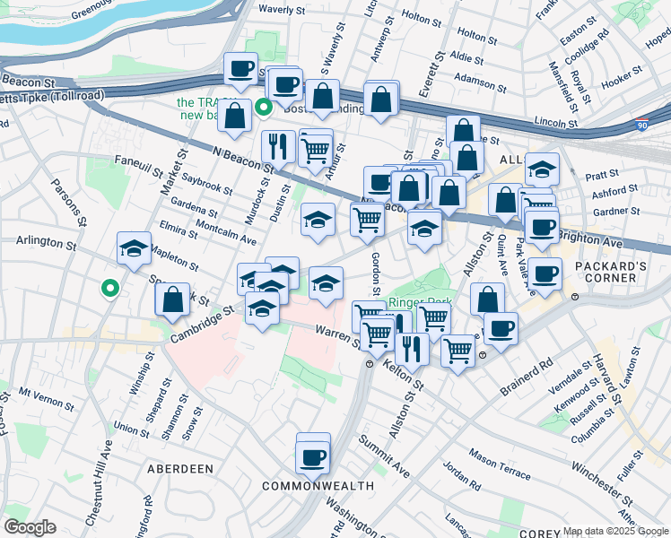 map of restaurants, bars, coffee shops, grocery stores, and more near 40B Ridgemont Street in Boston