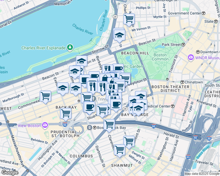 map of restaurants, bars, coffee shops, grocery stores, and more near 426 Boylston Street in Boston