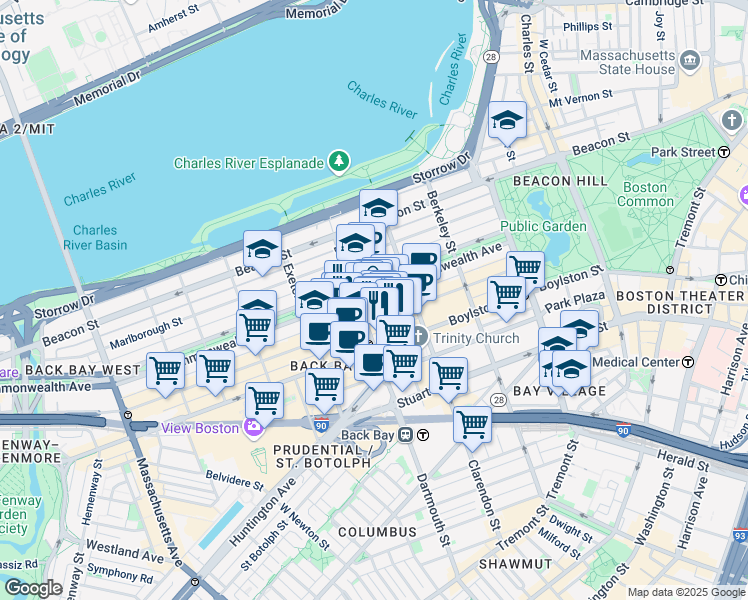 map of restaurants, bars, coffee shops, grocery stores, and more near 7 Dartmouth Street in Boston