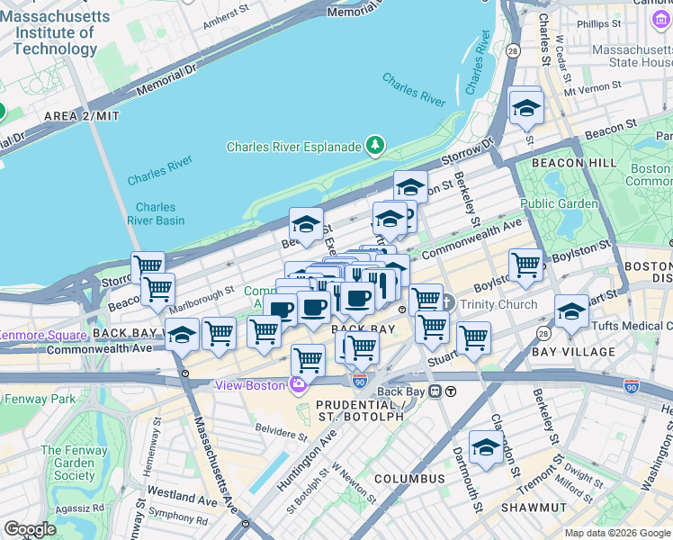 map of restaurants, bars, coffee shops, grocery stores, and more near 25 Exeter Street in Boston