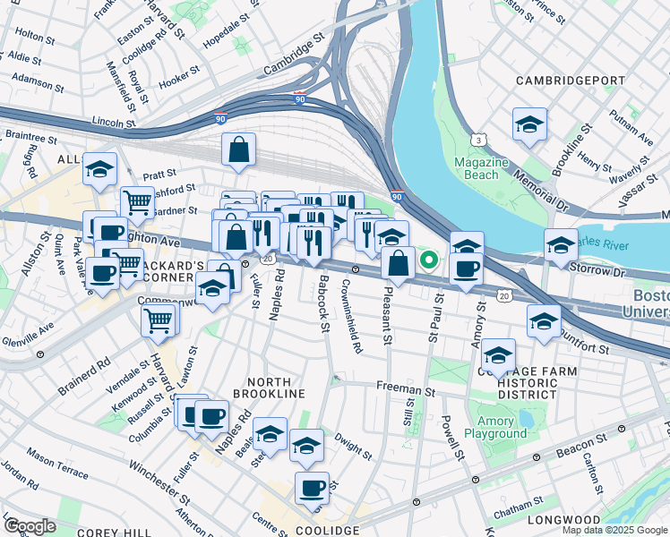 map of restaurants, bars, coffee shops, grocery stores, and more near 973 U.S. 20 in Boston