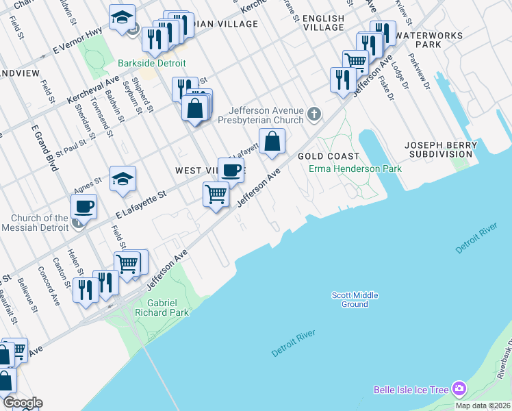 map of restaurants, bars, coffee shops, grocery stores, and more near 8100 East Jefferson Avenue in Detroit