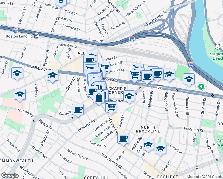 map of restaurants, bars, coffee shops, grocery stores, and more near 1197 Commonwealth Avenue in Boston