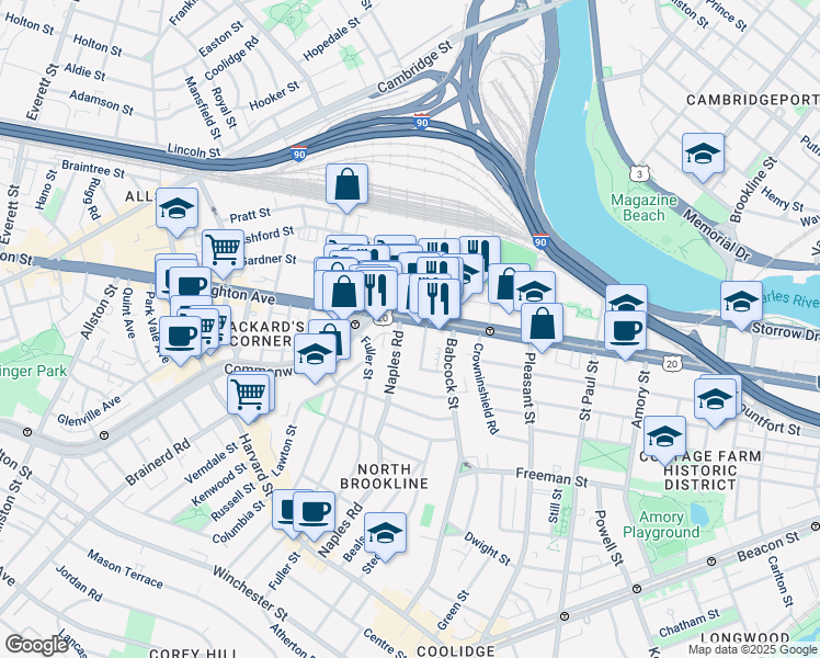 map of restaurants, bars, coffee shops, grocery stores, and more near 20 Winslow Road in Brookline