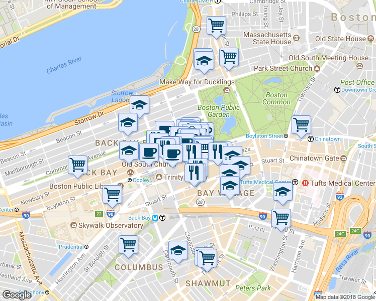 map of restaurants, bars, coffee shops, grocery stores, and more near 437 Boylston Street in Boston
