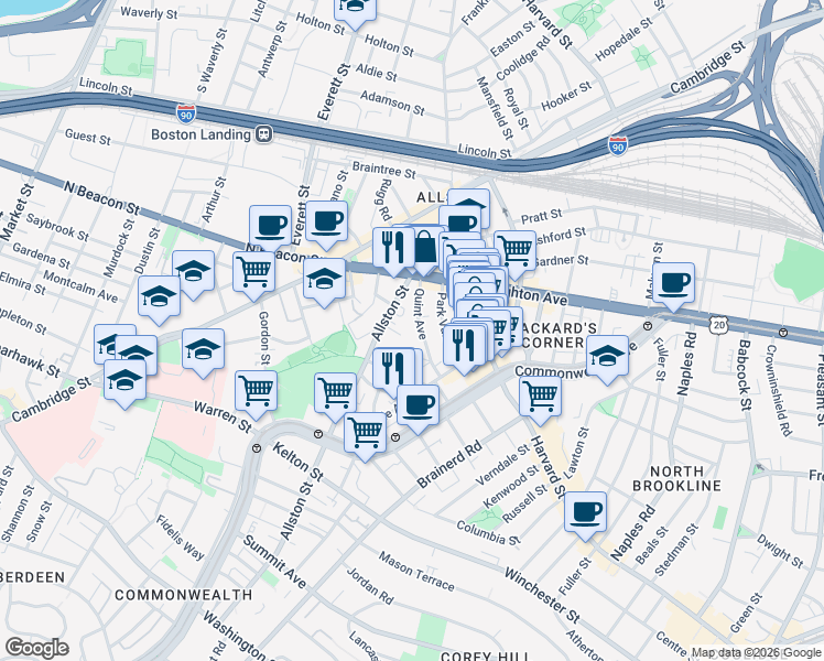 map of restaurants, bars, coffee shops, grocery stores, and more near 17 Radcliffe Road in Boston