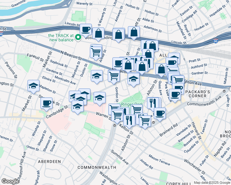 map of restaurants, bars, coffee shops, grocery stores, and more near 47 Gordon Street in Boston