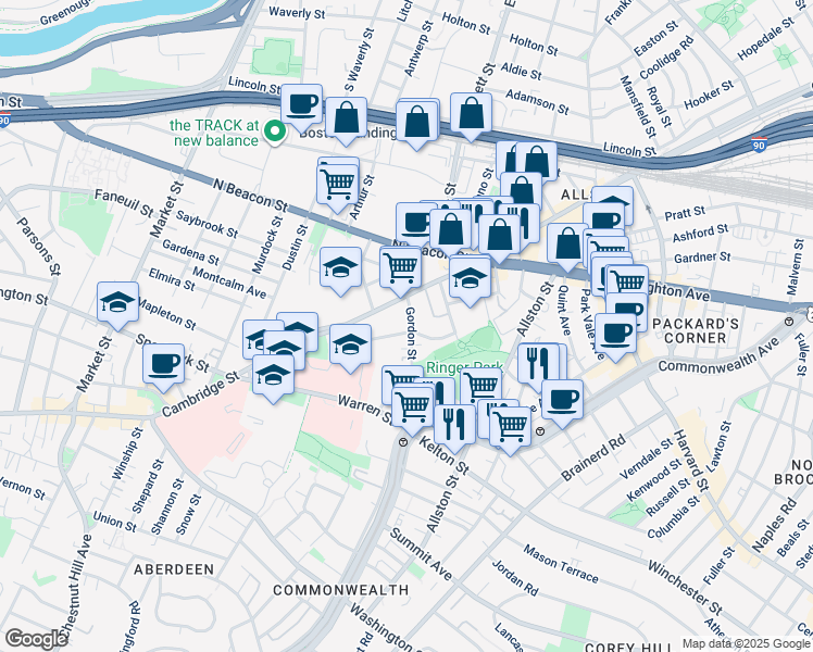 map of restaurants, bars, coffee shops, grocery stores, and more near 45 Gordon Street in Boston