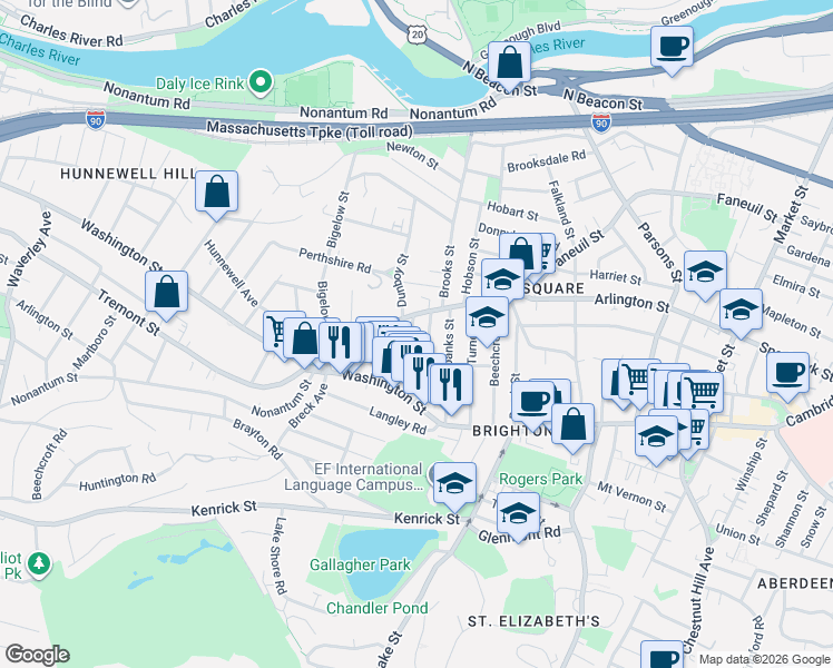 map of restaurants, bars, coffee shops, grocery stores, and more near 25-27 Montfern Avenue in Boston