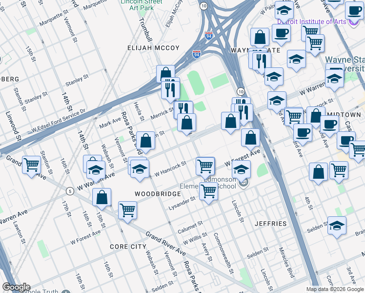 map of restaurants, bars, coffee shops, grocery stores, and more near 4868 Commonwealth Street in Detroit