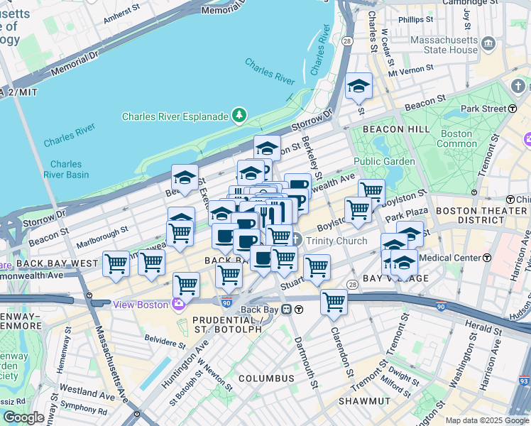 map of restaurants, bars, coffee shops, grocery stores, and more near 130 Commonwealth Avenue in Boston