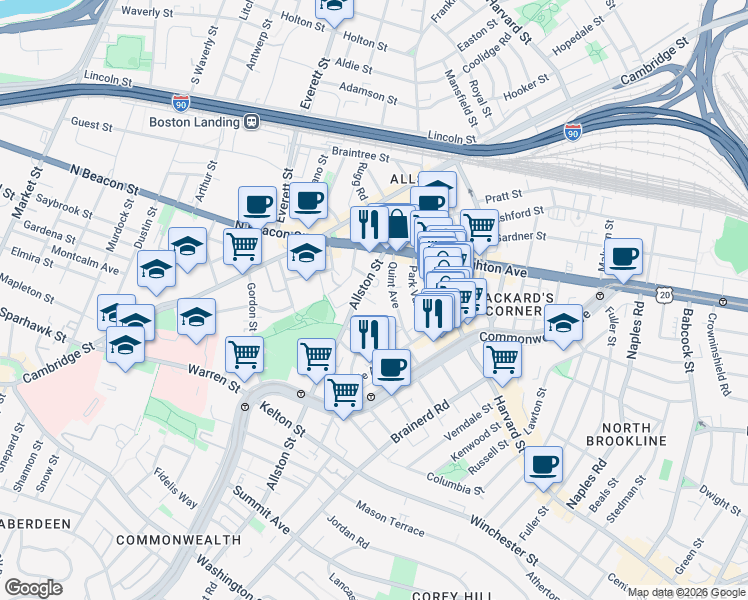 map of restaurants, bars, coffee shops, grocery stores, and more near 4 Hollis Place in Boston