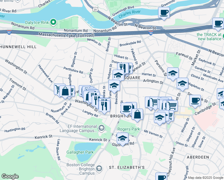 map of restaurants, bars, coffee shops, grocery stores, and more near 50 Beechcroft Street in Boston