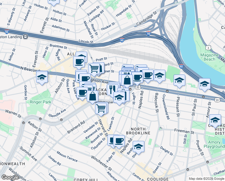 map of restaurants, bars, coffee shops, grocery stores, and more near 1131 Commonwealth Avenue in Boston
