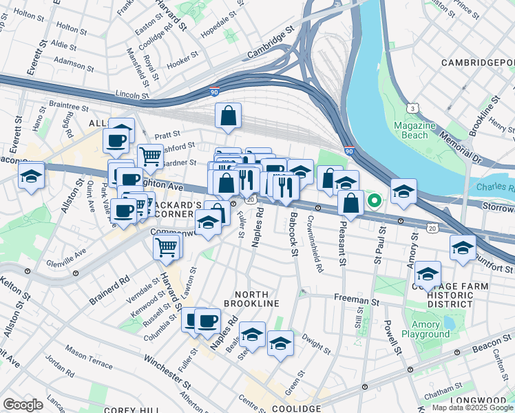 map of restaurants, bars, coffee shops, grocery stores, and more near 176 Naples Road in Brookline