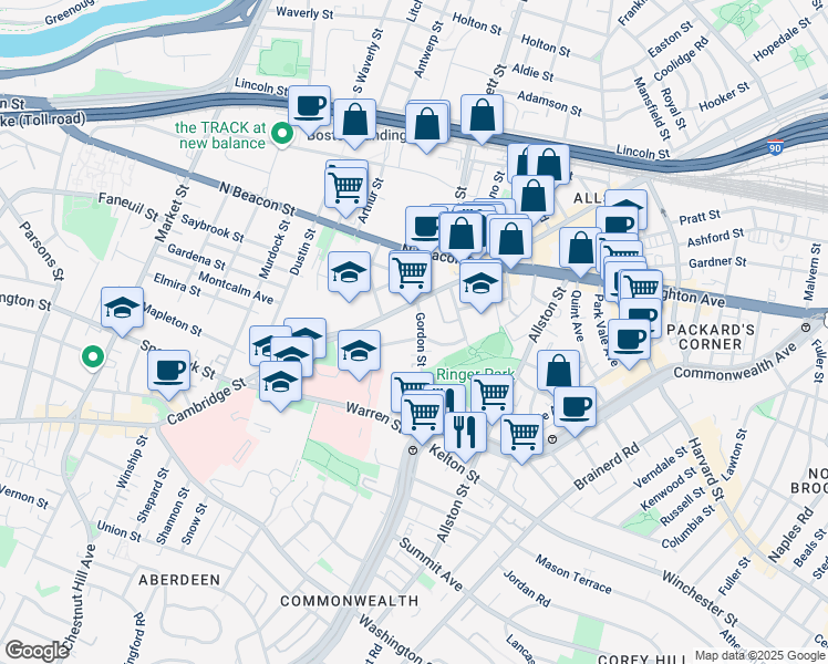 map of restaurants, bars, coffee shops, grocery stores, and more near 59 Gordon Street in Boston