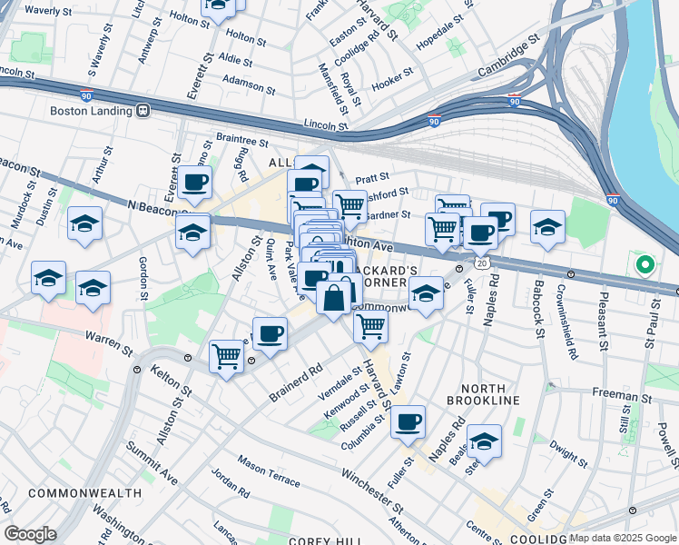 map of restaurants, bars, coffee shops, grocery stores, and more near 1245 Commonwealth Avenue in Boston