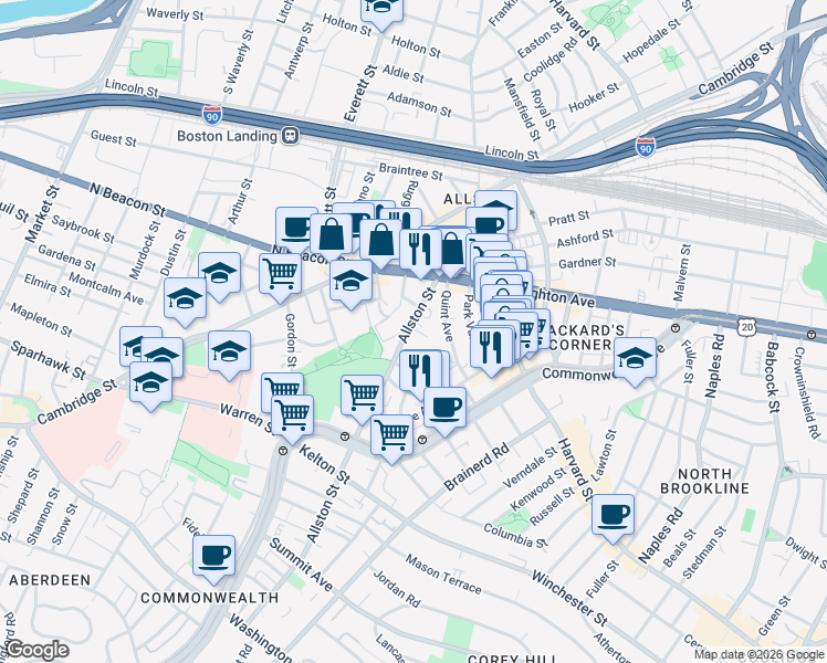 map of restaurants, bars, coffee shops, grocery stores, and more near 68 Allston Street in Boston