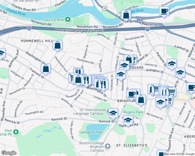 map of restaurants, bars, coffee shops, grocery stores, and more near 14 Brackett Street in Boston