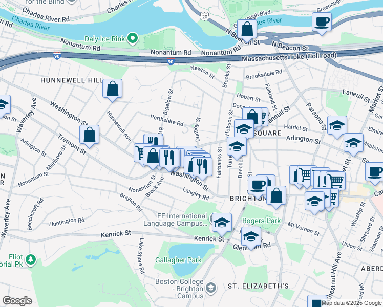 map of restaurants, bars, coffee shops, grocery stores, and more near 14 Brackett Street in Boston