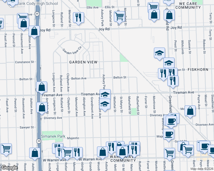 map of restaurants, bars, coffee shops, grocery stores, and more near 16360 Tireman Avenue in Detroit