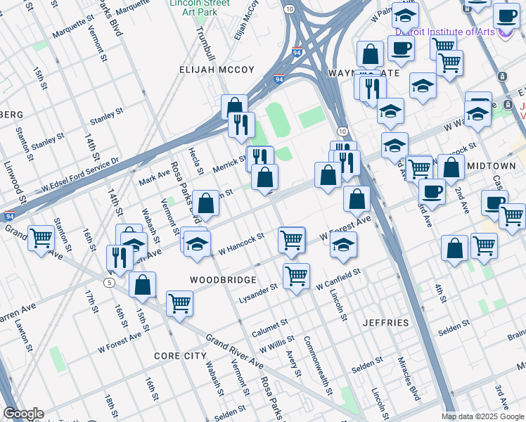 map of restaurants, bars, coffee shops, grocery stores, and more near 1531 West Warren Avenue in Detroit