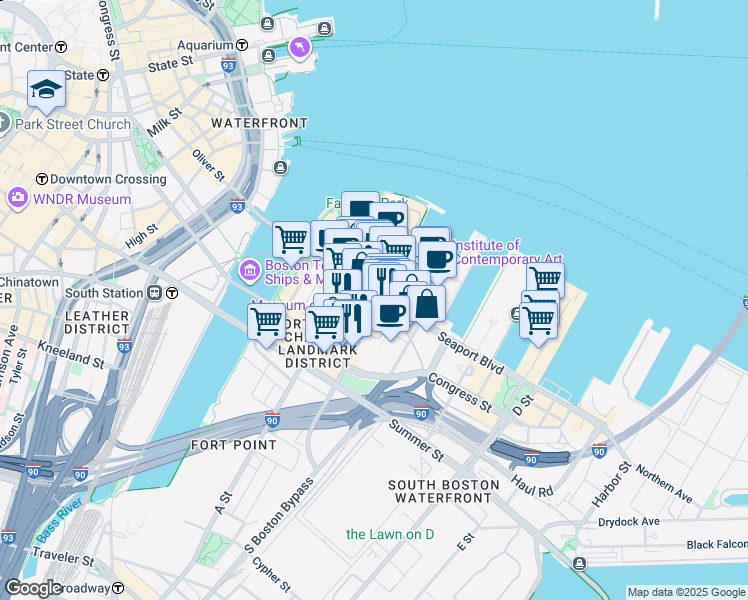 map of restaurants, bars, coffee shops, grocery stores, and more near 85 Seaport Boulevard in Boston