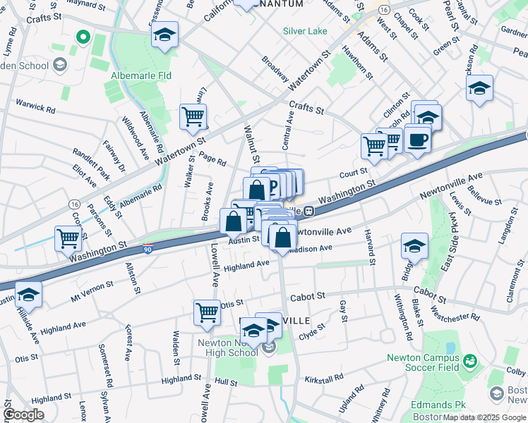 map of restaurants, bars, coffee shops, grocery stores, and more near 847 Washington Street in Newton