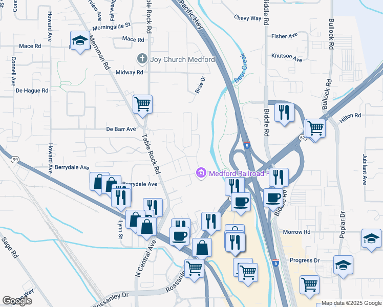 map of restaurants, bars, coffee shops, grocery stores, and more near Berrydale Avenue in Medford