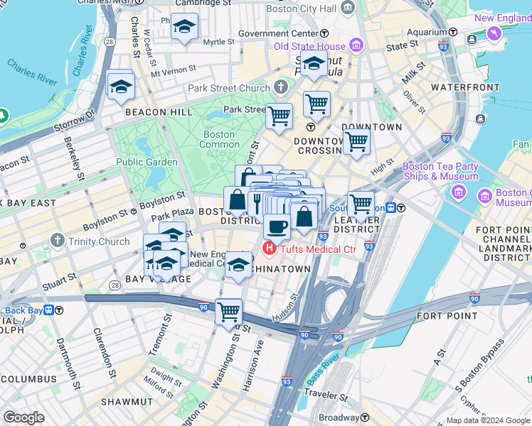 map of restaurants, bars, coffee shops, grocery stores, and more near 8 Kneeland Street in Boston