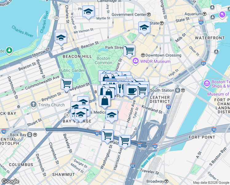map of restaurants, bars, coffee shops, grocery stores, and more near 39 Stuart Street in Boston